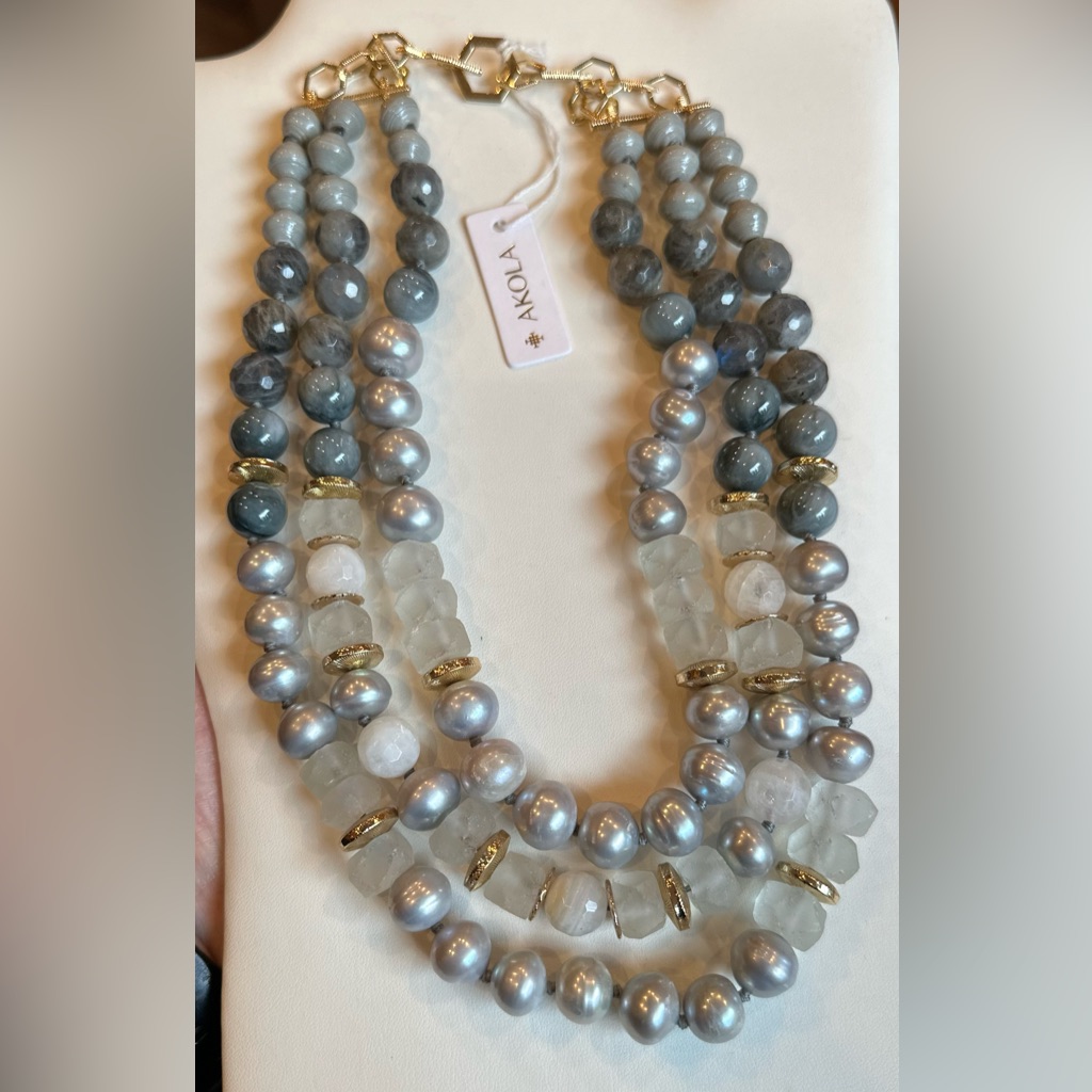 Akola Gorgeous 3 Strand Gray Pearl & Multi Beaded Necklace